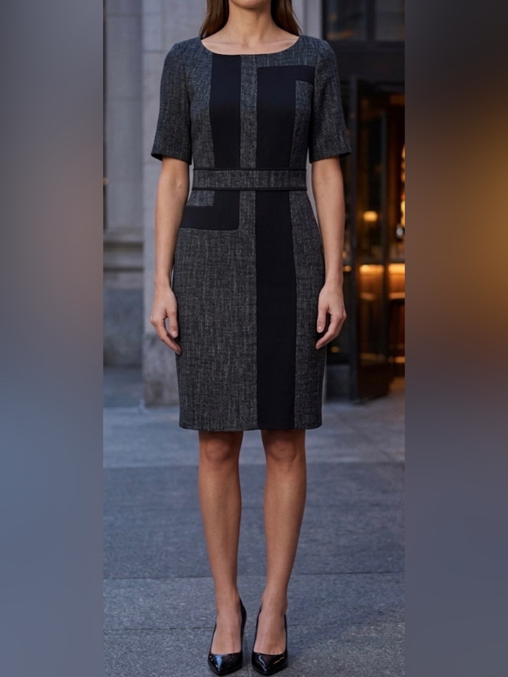 Tweed 3/4 Sleeve Sheath Midi Dress With Stretch